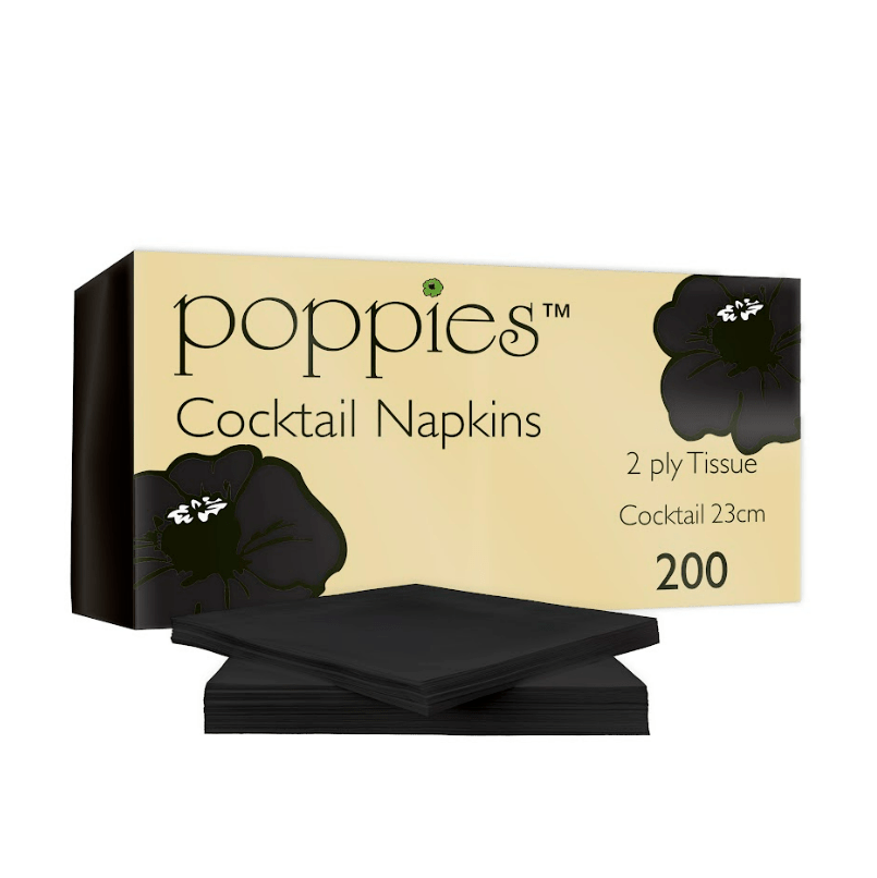 Poppies - 2 Ply Black Cocktail Napkins 24 x 24cm - Life Cleaning & Hygiene Supplies - 2424BK
