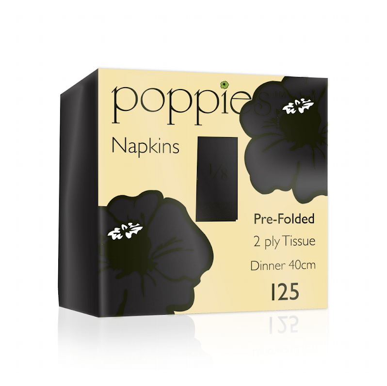 Poppies - Poppies Black Dinner Napkins 2 - Ply 8 - Fold 40cm - Life Cleaning & Hygiene Supplies - 4028BK